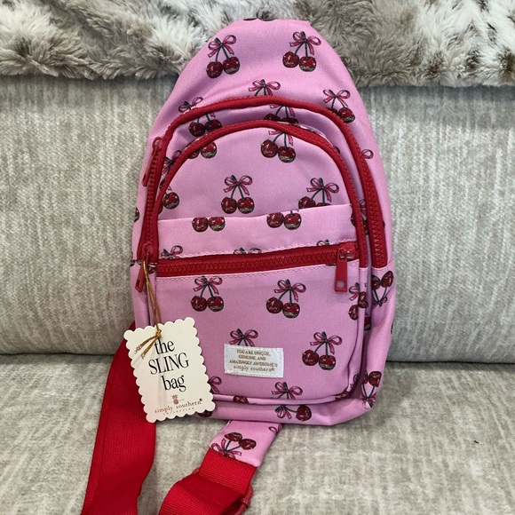 ✨💎NWT💎✨ Simply  Southern Pink Cherry Print Crossbody Sling Bag with Red Accents - Picture 2 of 9
